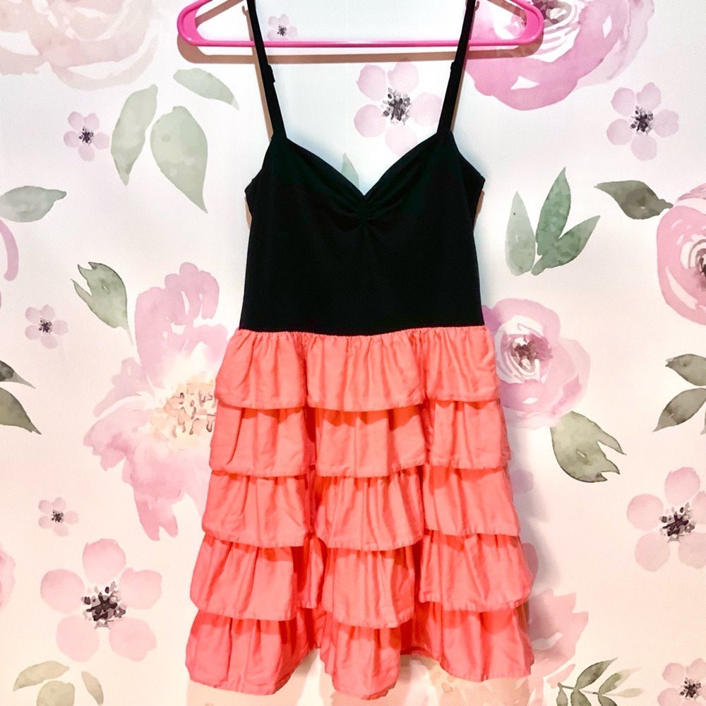 H&M Pink Black Tiered Ruffle Party Dress Coral 8